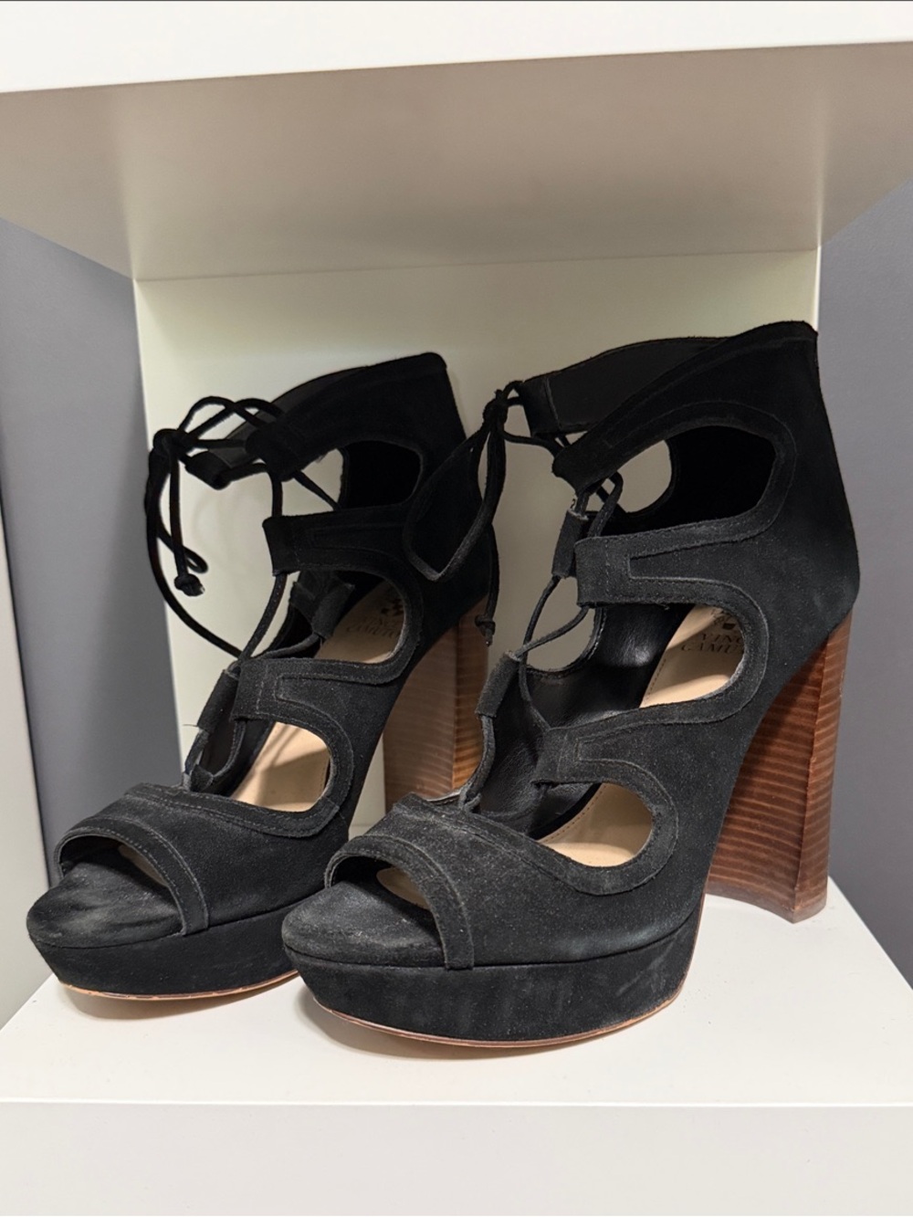 Vince Camuto Black Suede Lace-Up Platform High Heel Sandals